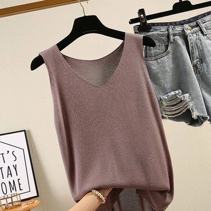 Women Summer Sleeveless Knitted Blouse Shirt Women Clothes V-neck Tops