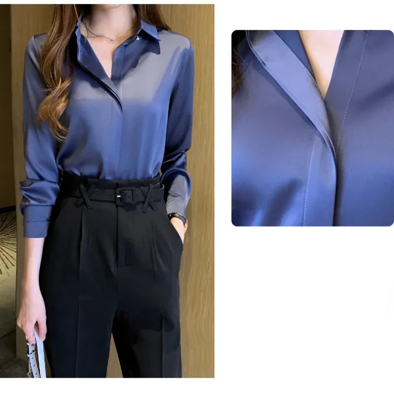 Satin Women Shirt Vintage Long Sleeve Blouse Women Silk Elegant Womens Tops