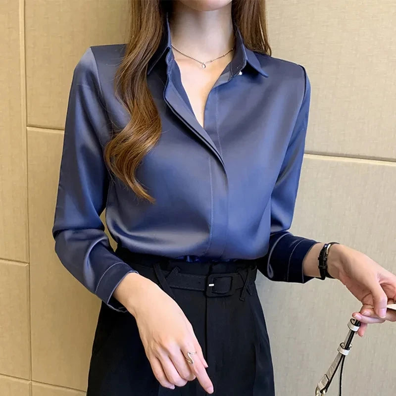 Satin Women Shirt Vintage Long Sleeve Blouse Women Silk Elegant Womens Tops