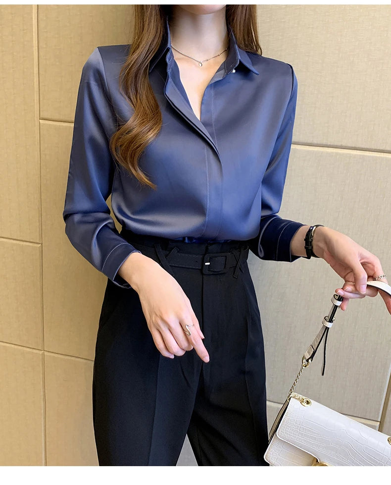 Satin Women Shirt Vintage Long Sleeve Blouse Women Silk Elegant Womens Tops