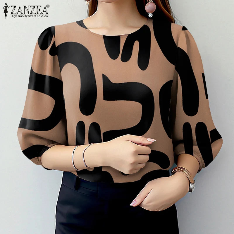 Elegant Office Work Blouses Stylish Spring O Neck 3/4 Sleeve Printed Retro Holiday Blouse
