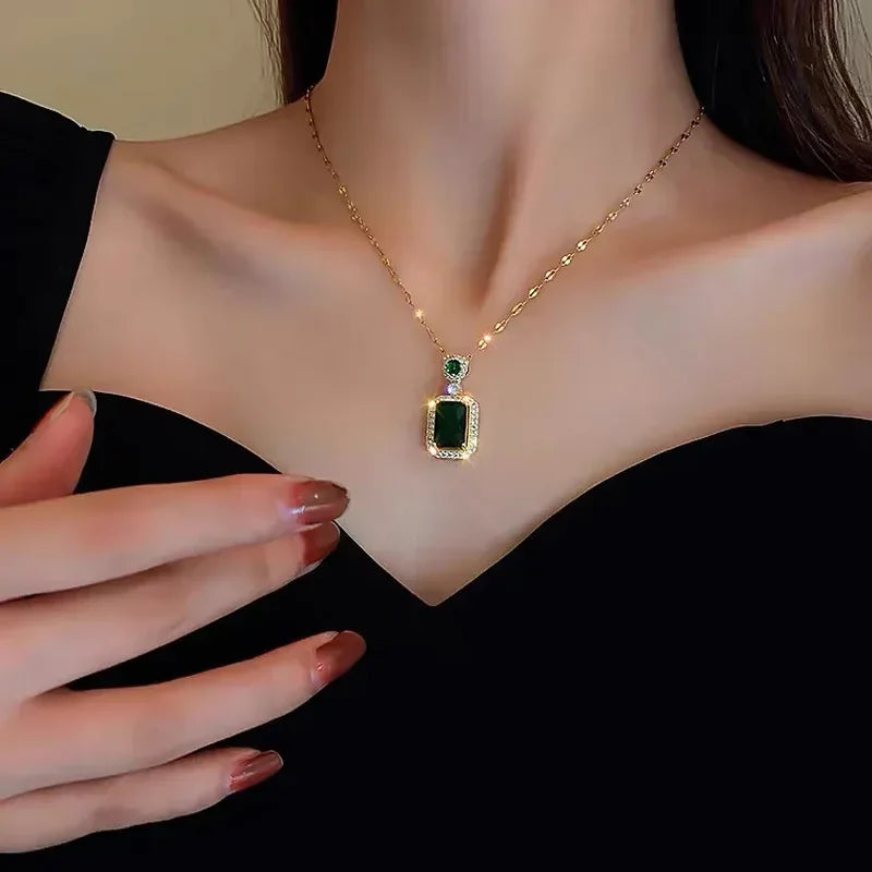 Luxury style Emerald Color Earring Necklace Rings Set For Woman Stainless Steel Zircon Rectangle Pendant Necklace