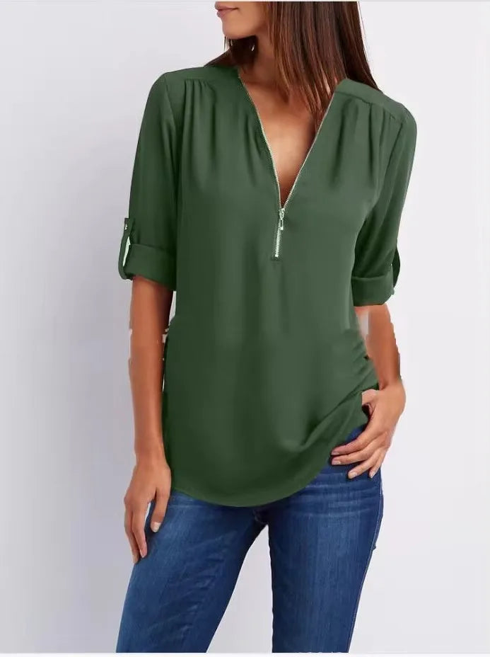 Women Cool Loose Shirt Deep V Neck Chiffon Fashion Zipper Pullover Blouse