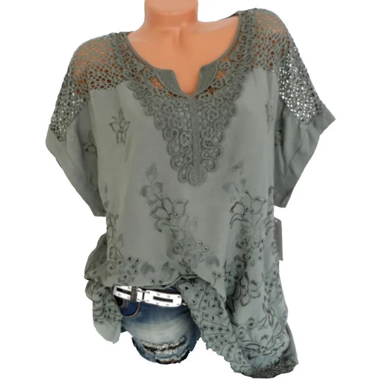 Loose Short-Sleeved Lace Women Blouses Cotton Blouses Summer V-neck White Shirt