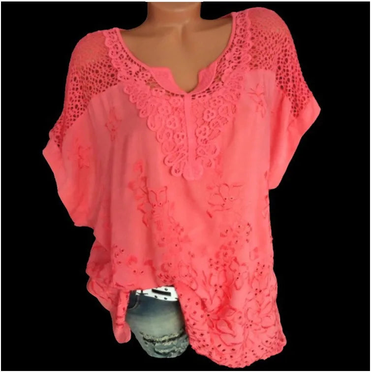 Loose Short-Sleeved Lace Women Blouses Cotton Blouses Summer V-neck White Shirt