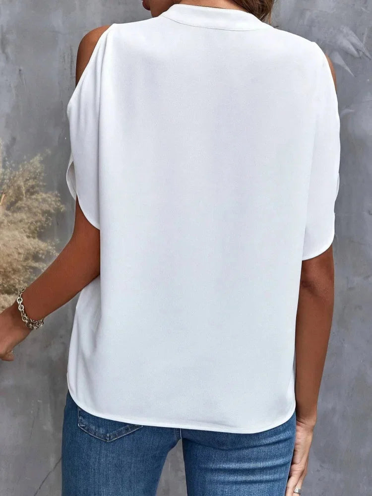 Women Casual Short Split Sleeve V-Neck Off Shoulder Solid Color Tops
