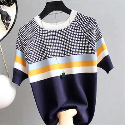 Vintage Ladies Tops Striped Summer Blouse Pink Elasticity Short Sleeve Blue Women Blouse
