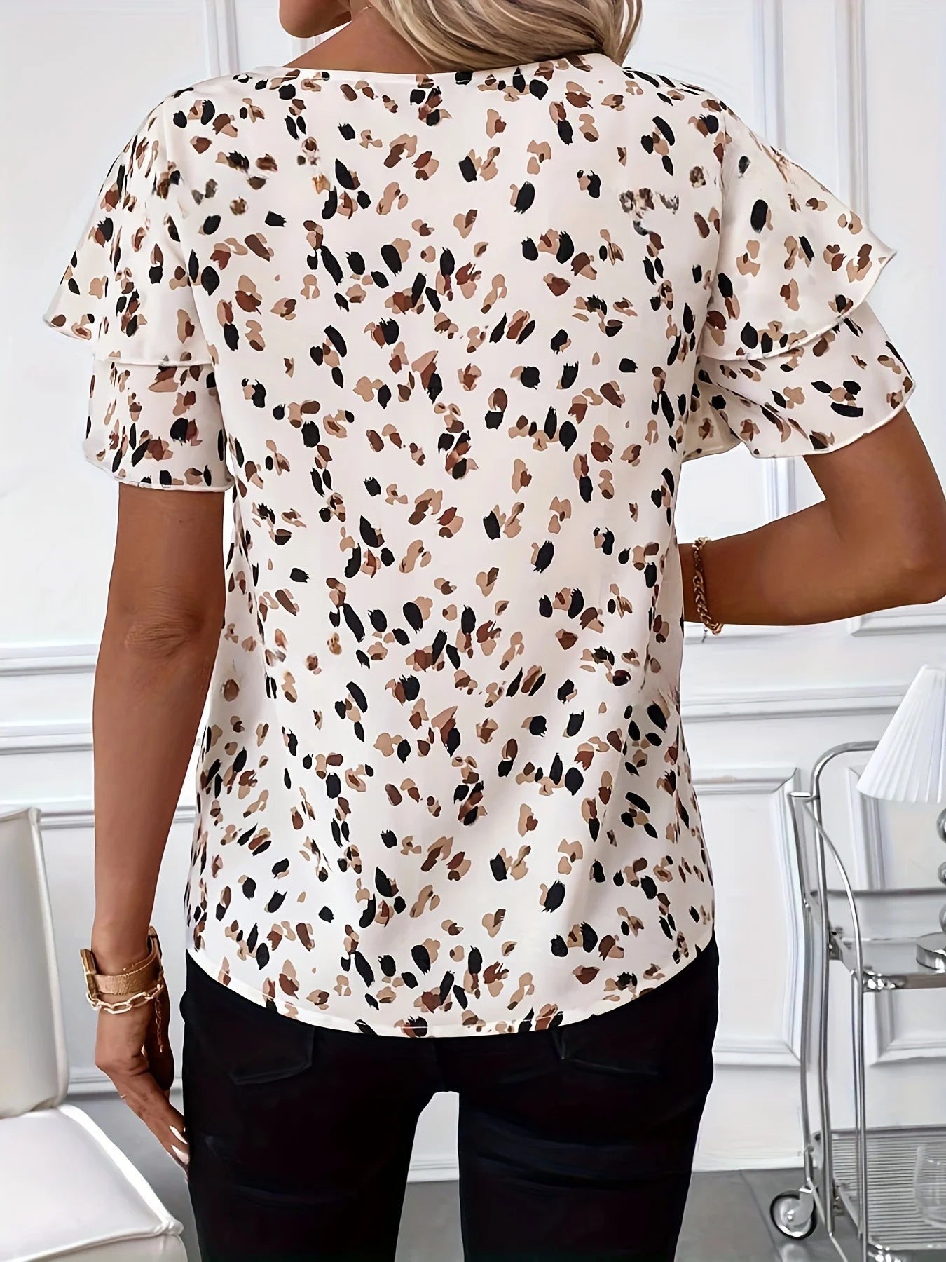 Summer Women Elegant Print Shirt Casual Fashion Vacation Crew Neck Ruffle Sleeve Top