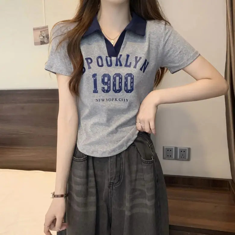 Women Summer Korean Fashion Letter Printing Slim Polo Collar Short Sleeve T-Shirt Simplicity Office Lady All-match Casual Tops