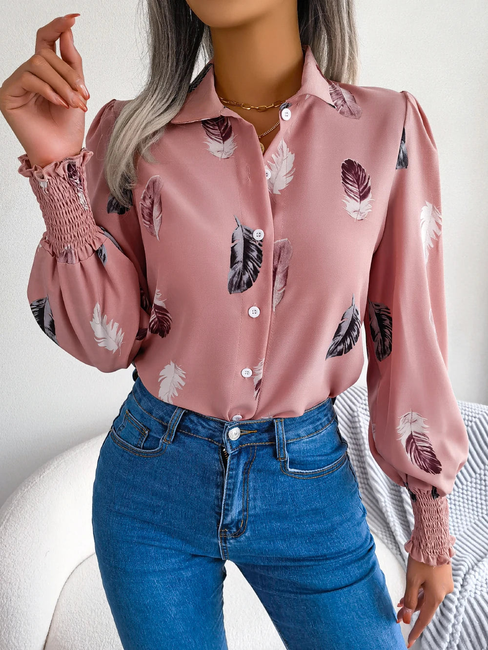 Women Casual Feather Print Collar Long Sleeve Shirt