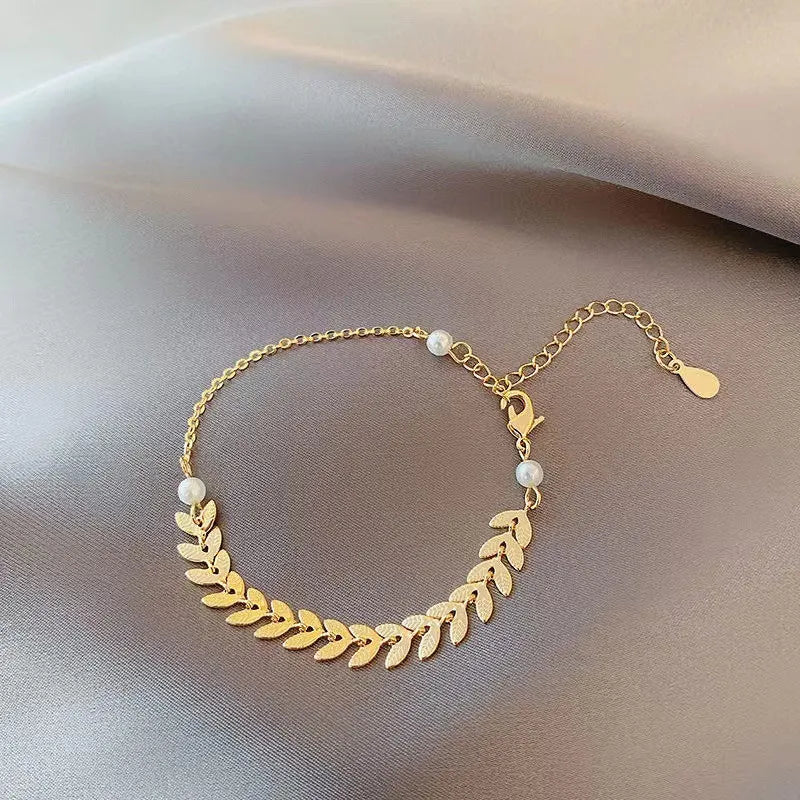 Simple Wheat Ear Pearl Bracelet Necklace Earrings Jewelry Set for Women