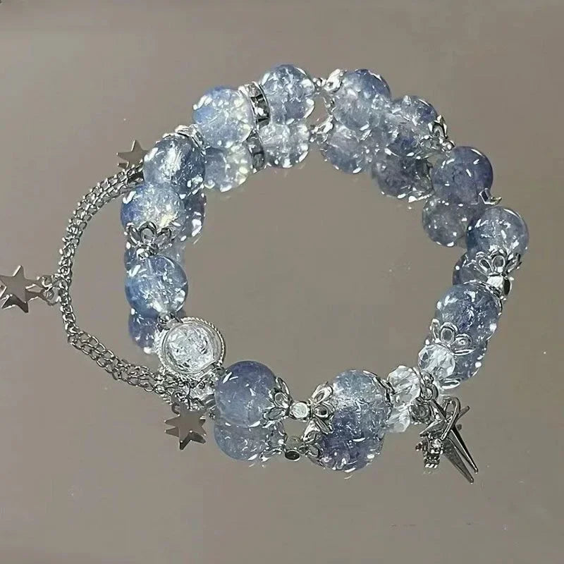 Niche Design Star Chain Tassel Bracelet for Women Fantasy Blue Crystal Beads Elastic Rope Bracelet