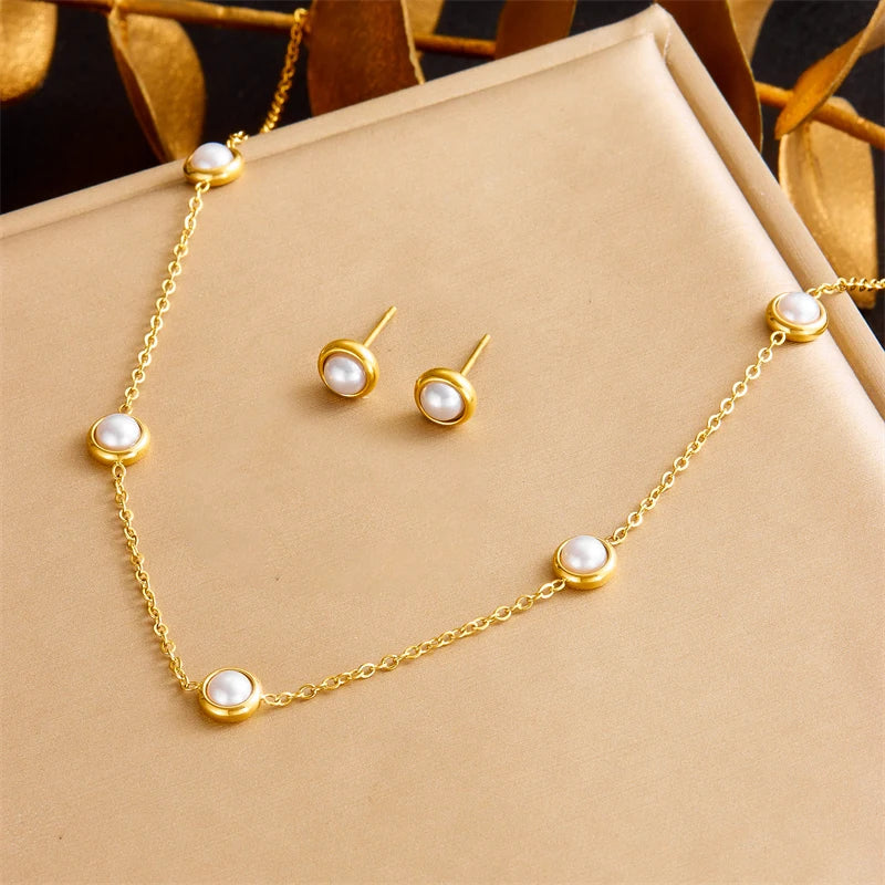 Women's Stainless Steel Round White Pearl Necklace Bracelet Earrings