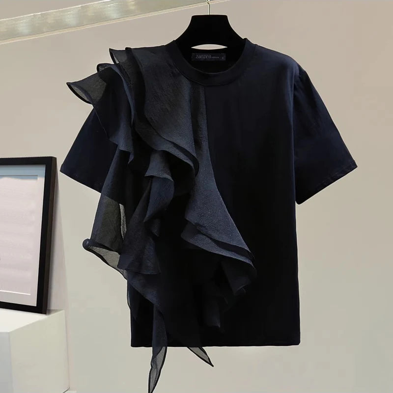 Women Ruffled Stitching Blouse Fashion Holiday O-neck Tops Summer Short Sleeve