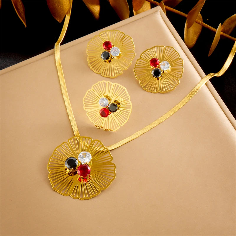 Stainless Steel Hollow Flower Inlaid With Zircon Necklace Earrings Ring For Women New Trend Non-fading Jewelry Set