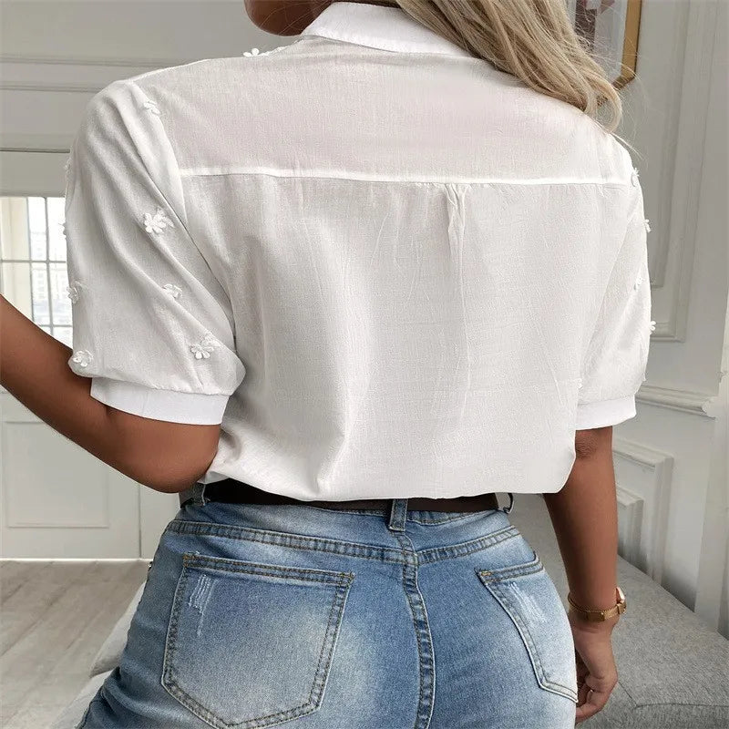 Summer Elegant Short Sleeve White Shirt Vintage Tops Crochet Hollow Blouses For Women Fashion
