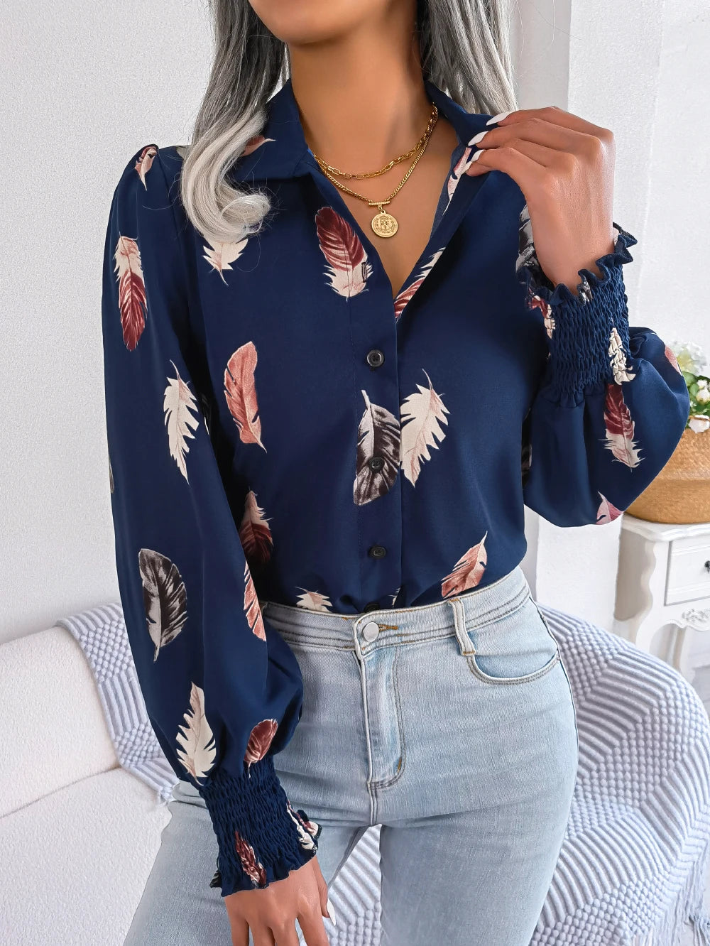 Women Casual Feather Print Collar Long Sleeve Shirt