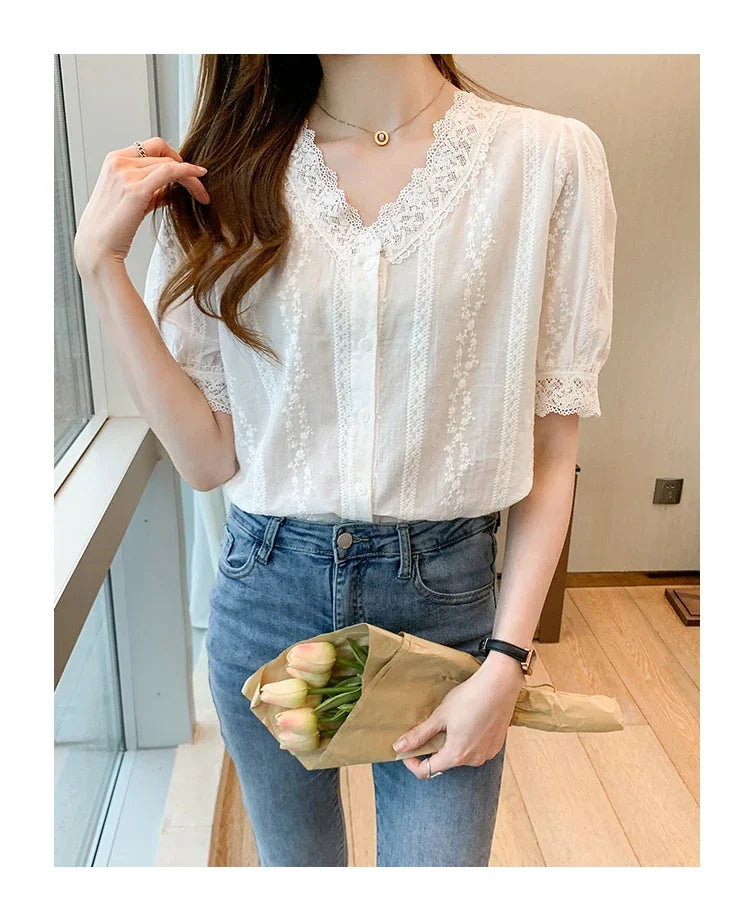 Summer Short Sleeve White Blouse Shirt Women Tops Blusas Verano Lace V-Neck Blouse Women Blouse