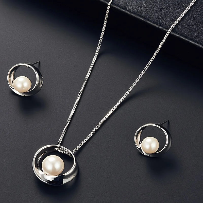 Luxury style Fashion Hollow Round Jewelry Set Pearl Pendant Necklace Stud Earrings Set for Women