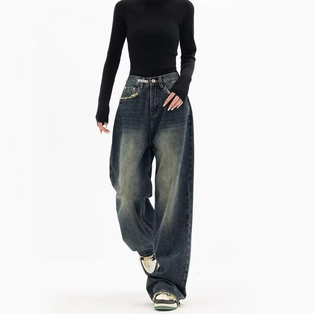 Wide Leg, Floor Length Loose Denim High Waist Vintage Hip Hop Streetwear Women Jeans