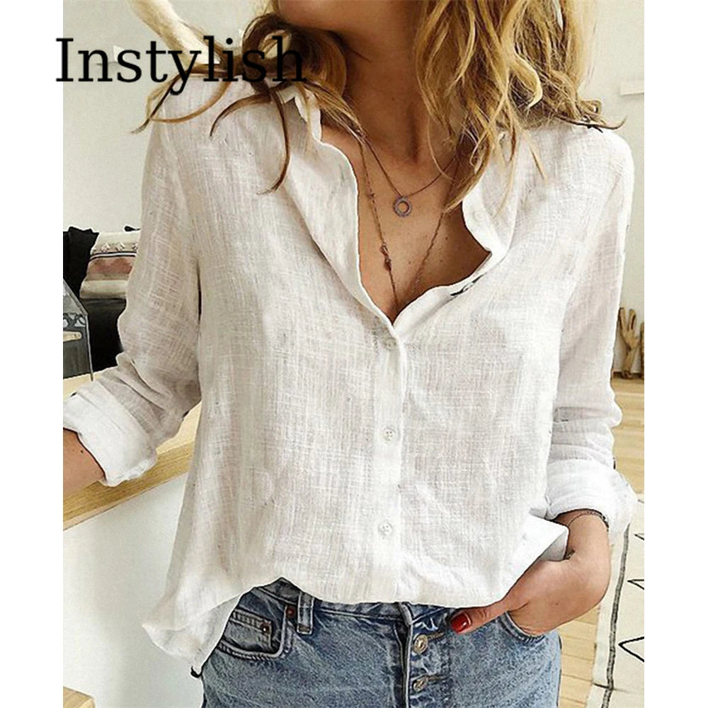 Elegant Cotton Linen Shirts Women Casual Solid Button Lapel Blouses Shirts Autumn Winter Long Sleeve Loose Tops