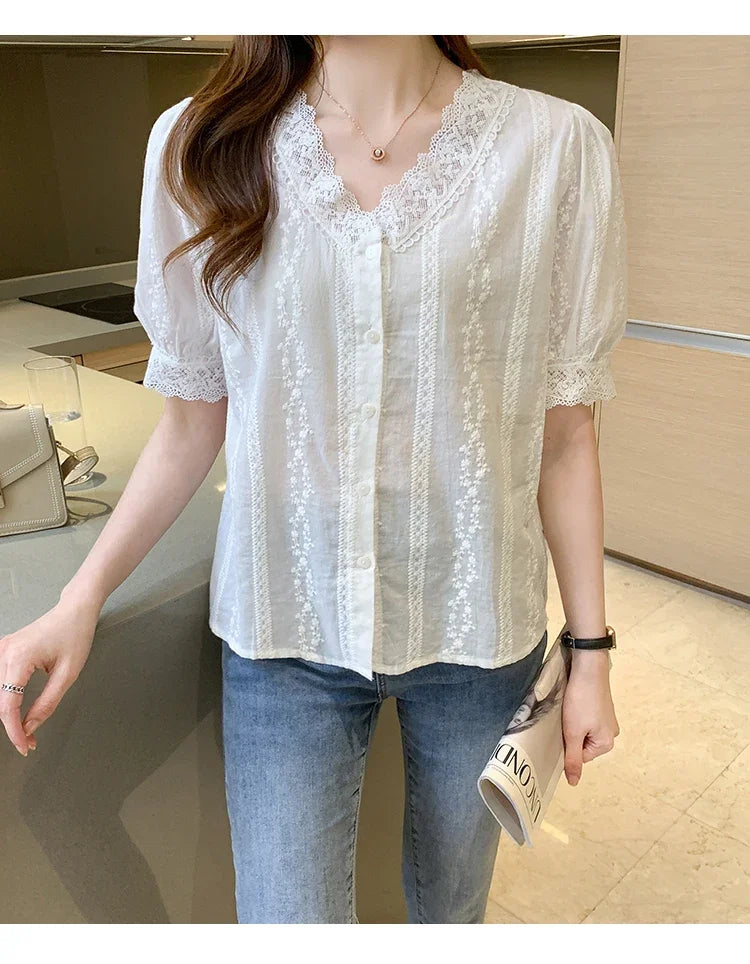 Summer Short Sleeve White Blouse Shirt Women Tops Blusas Verano Lace V-Neck Blouse Women Blouse
