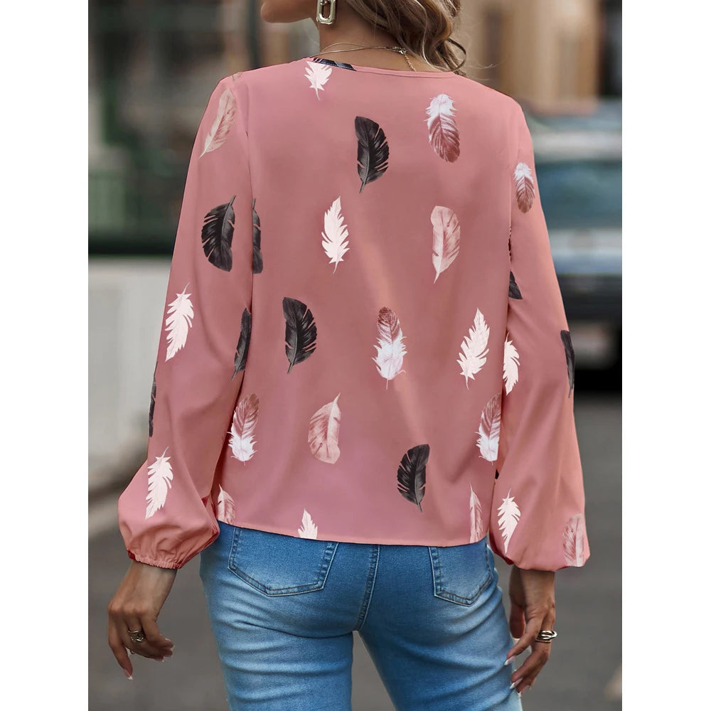 Fashion Woman long Sleeve Feather Pattern, Ladies Elegant Chiffon Tops