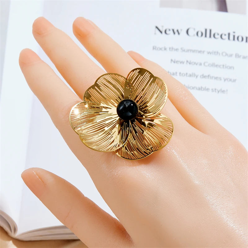 Stainless Gold plated 3D hollow camellia Pearl Necklace Bracelet Ring Suit Women Girl New Trend Non-fading jewelry Set