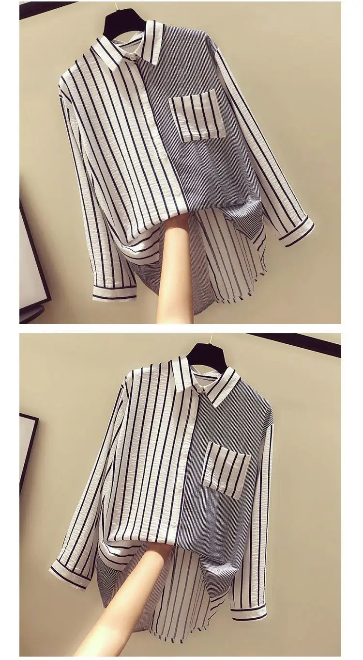 Korean Summer Trendy Women's Shirt Loose Casual Striped Patchwork Shirts Pocket Office Lady Sweet Women's Top