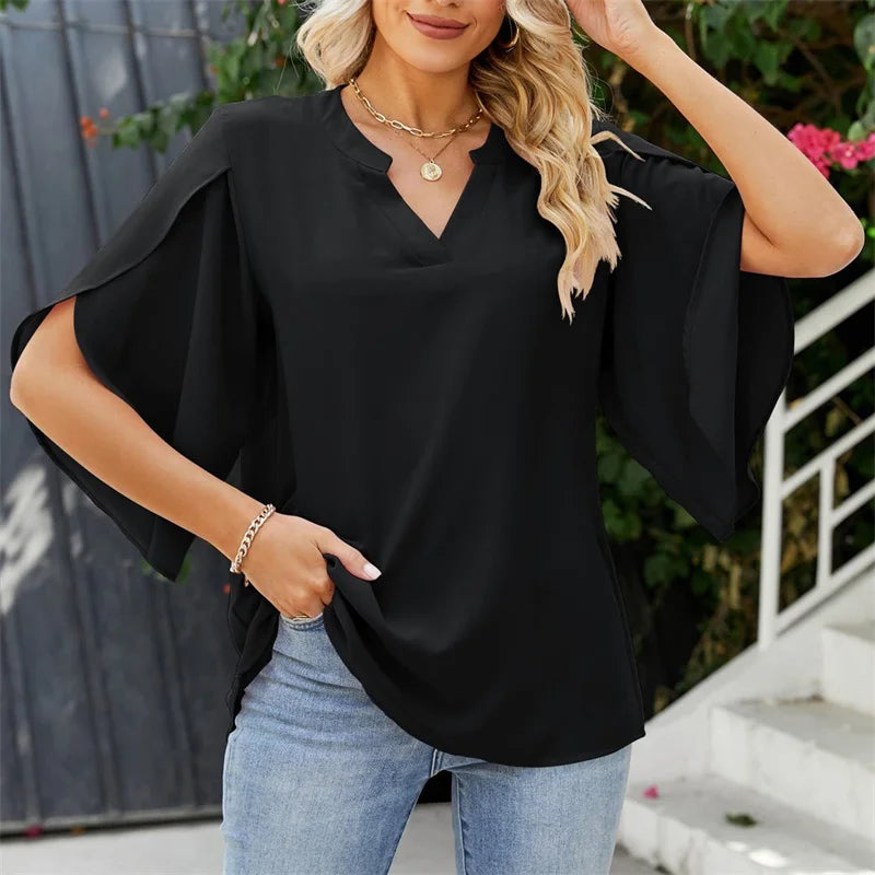 Women Summer Style Chiffon Blouses Shirts Lady Casual Short Flare Sleeve V-Neck Loose Blouse