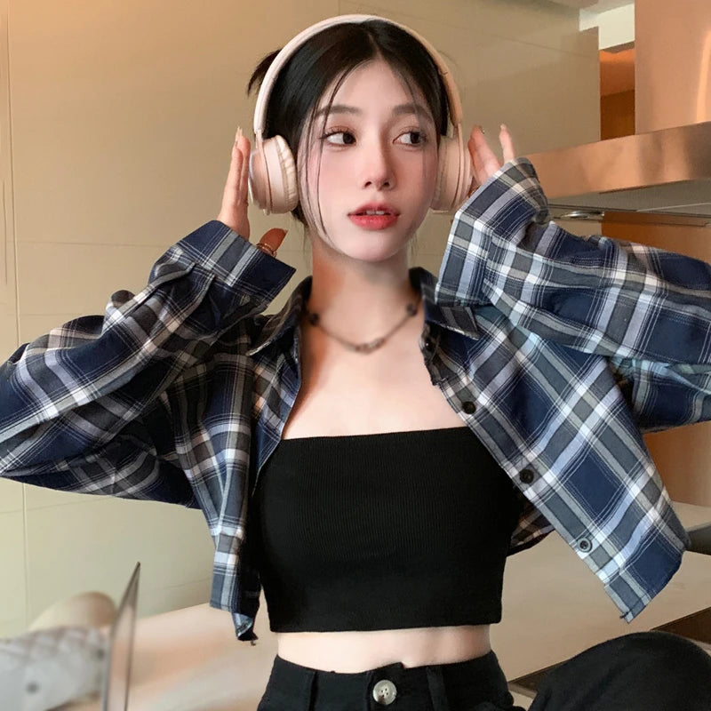 Checkered Women's Long Sleeve Vintage Casual Lapel Turn-down Collar Plaid Classic Single Breasted Tops