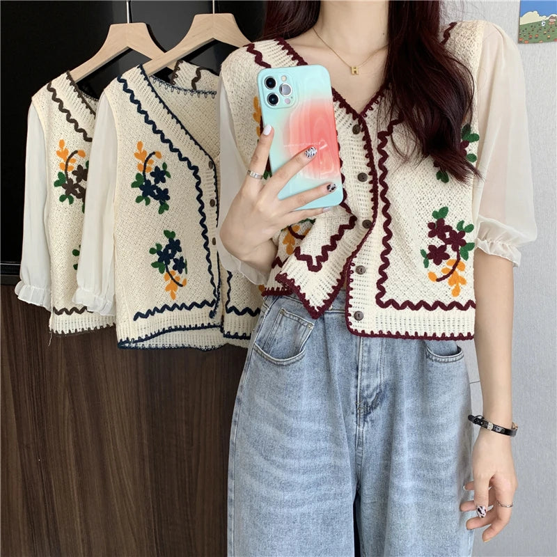 Flower Embroidery Crochet Blouse with Chiffon Sleeve Button Front Cardigan Top Women Spring Summer blouse