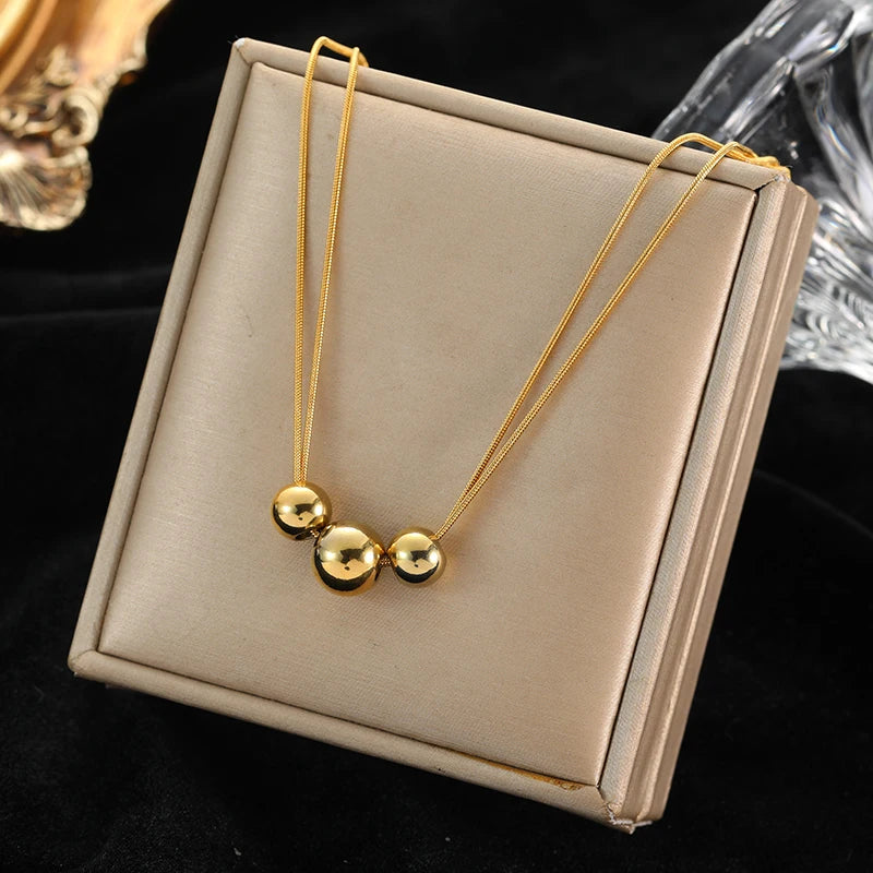 Stainless Steel 18K Gold Plated Bead Pendant Necklace Earrings Jewelry Set For Women