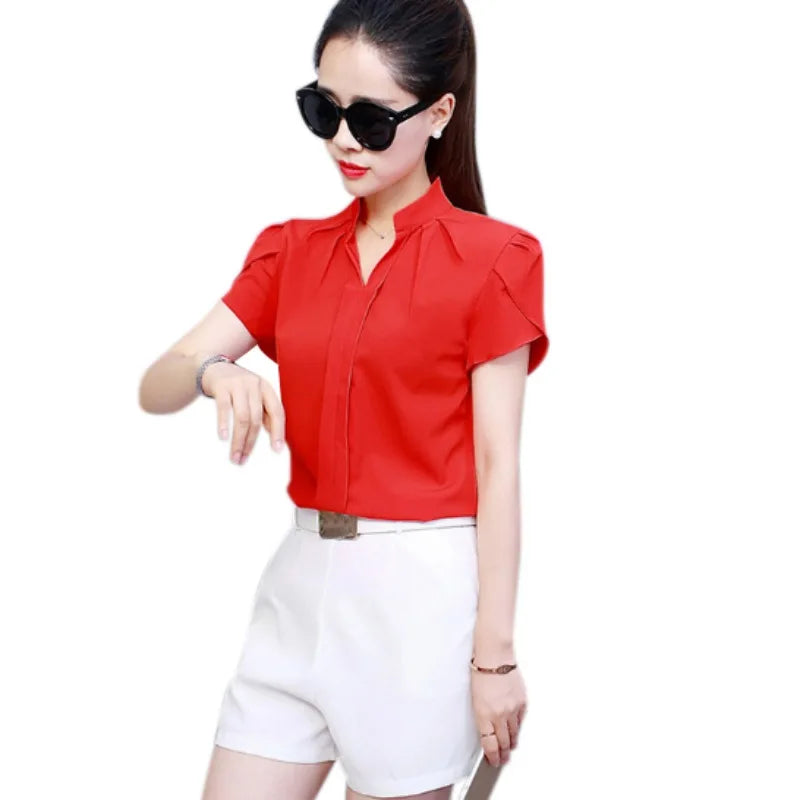 Women Office Ladies Chiffon White Shirt Short Sleeve elegant Tops Casual Clothing