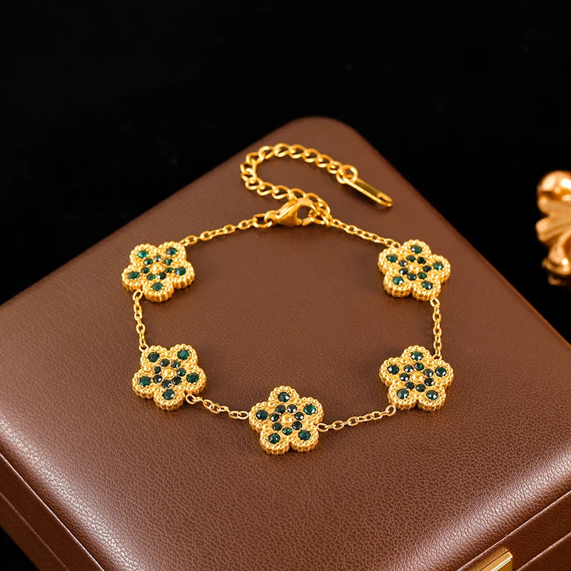 Pink Zircon Reversible Clover Necklace Bracelet Earrings Set For Women Trendy Stainless Steel Waterproof Jewelry