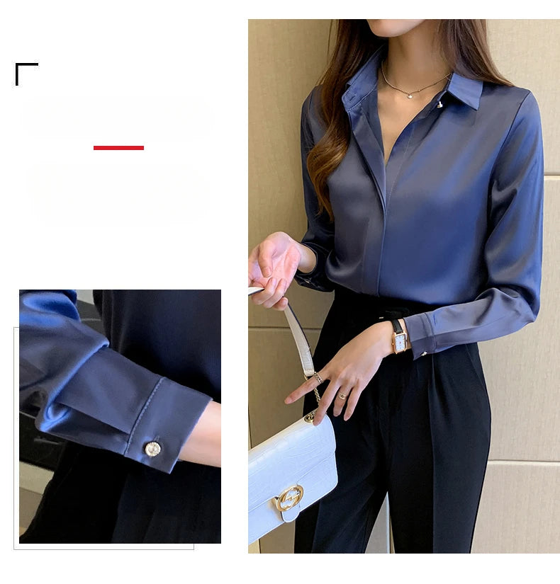 Satin Women Shirt Vintage Long Sleeve Blouse Women Silk Elegant Womens Tops