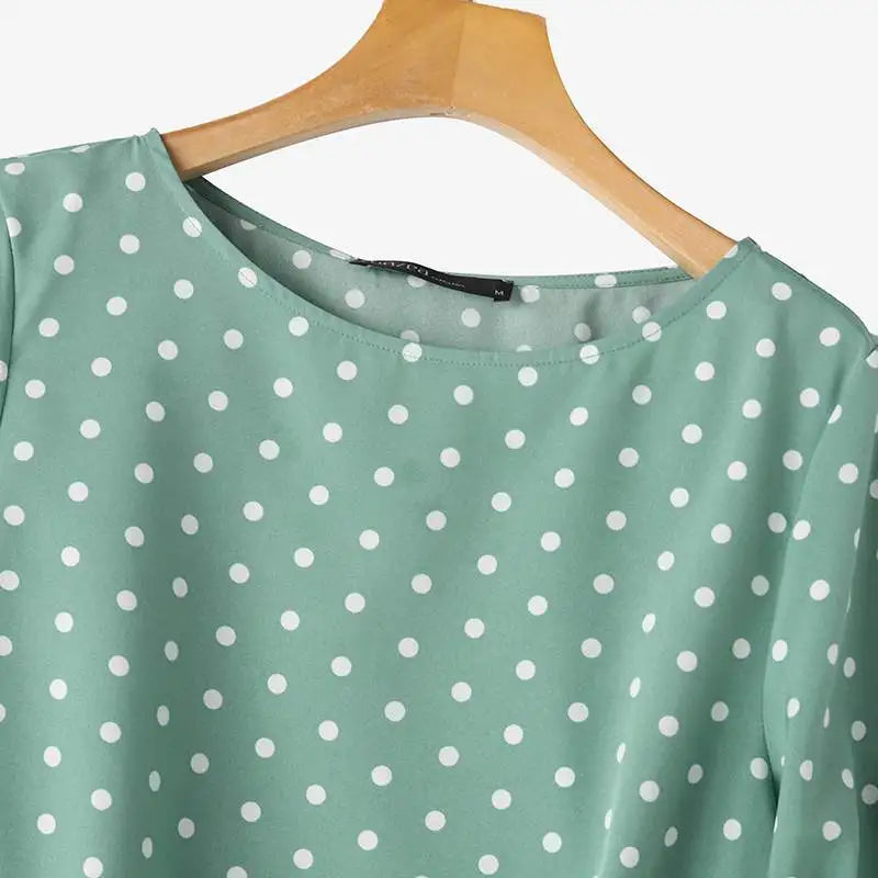 Woman Casual Polka Dots Printed Blouse Fashion Holiday Shirt Half Sleeve O-Neck Tunic Tops