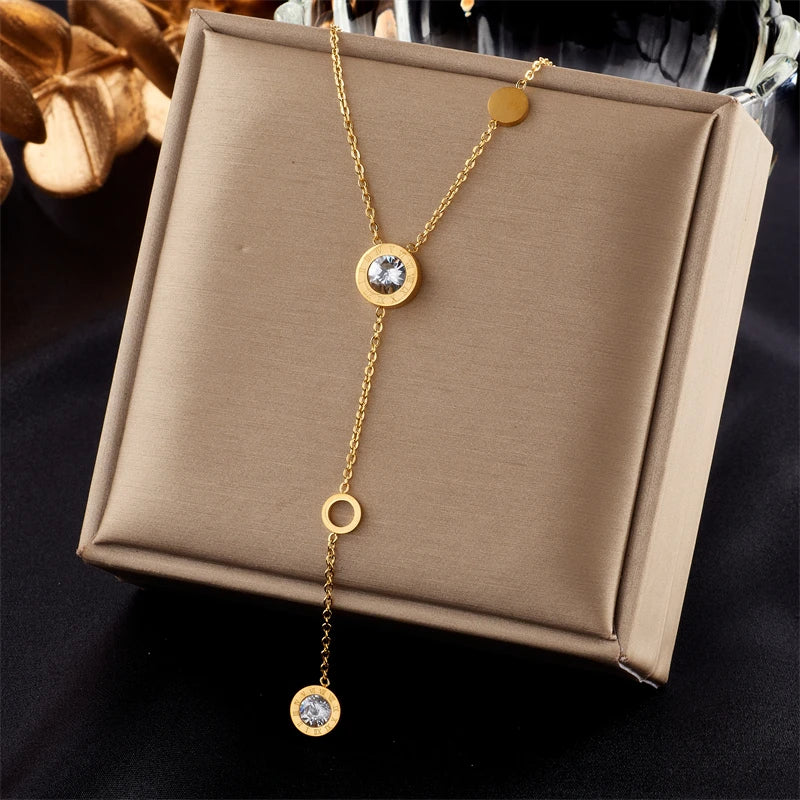 Stainless Steel Roman Numeral Dial Zircon Long Pendant Necklace For Women