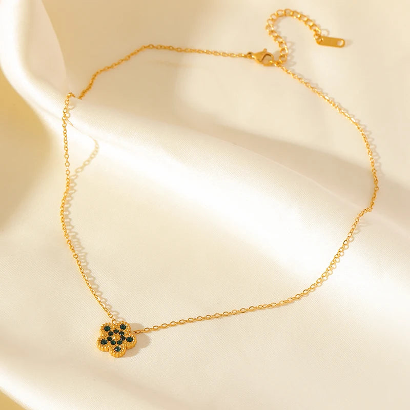Pink Zircon Reversible Clover Necklace Bracelet Earrings Set For Women Trendy Stainless Steel Waterproof Jewelry