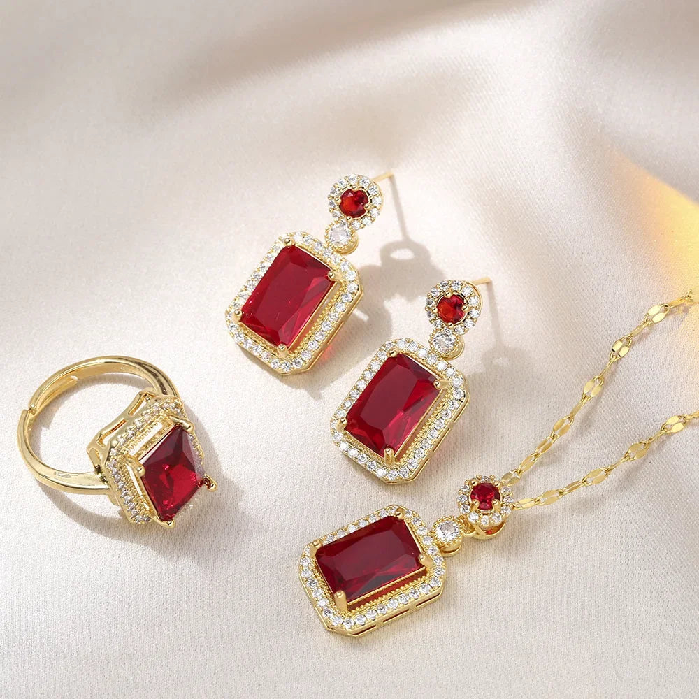 Luxury style Emerald Color Earring Necklace Rings Set For Woman Stainless Steel Zircon Rectangle Pendant Necklace