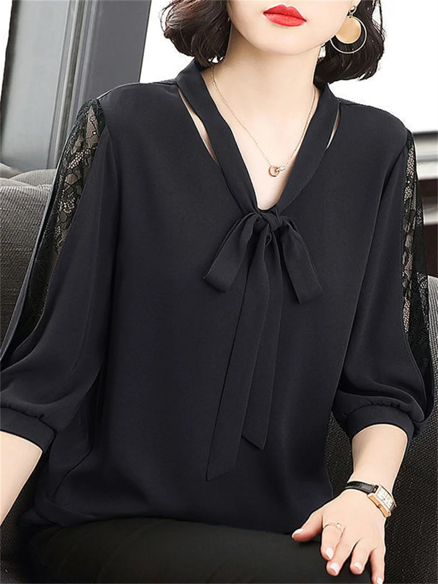 Women Casual Bow Tie Collar Half Lace Sleeve Loose Blouse