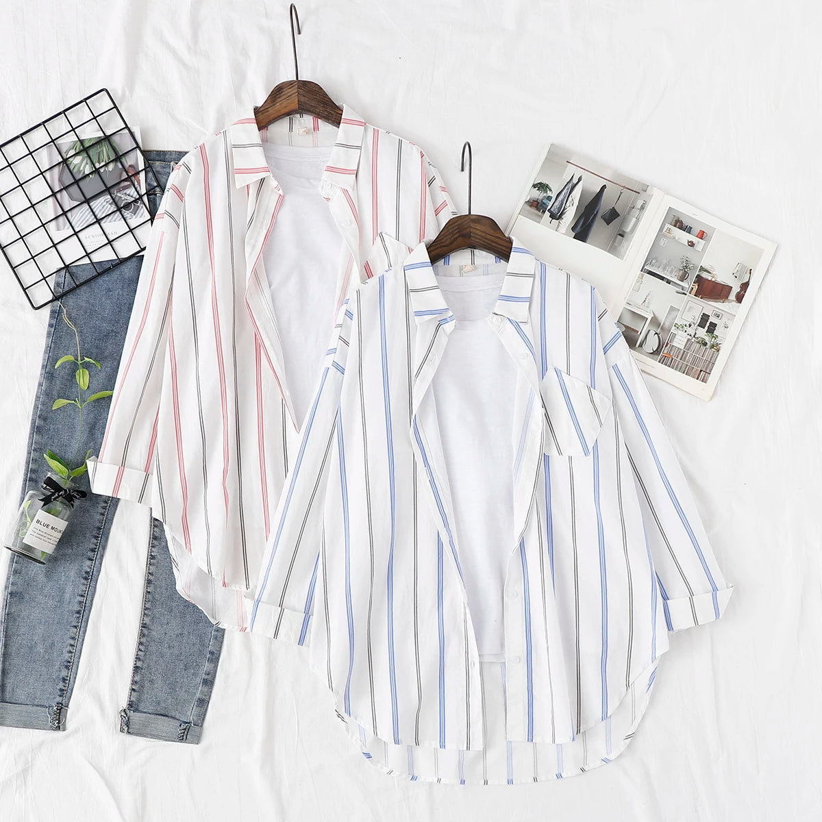 Loose Casual Striped Shirts New Ladies Sweet Simple Style Long Sleeve Print Female Blouse