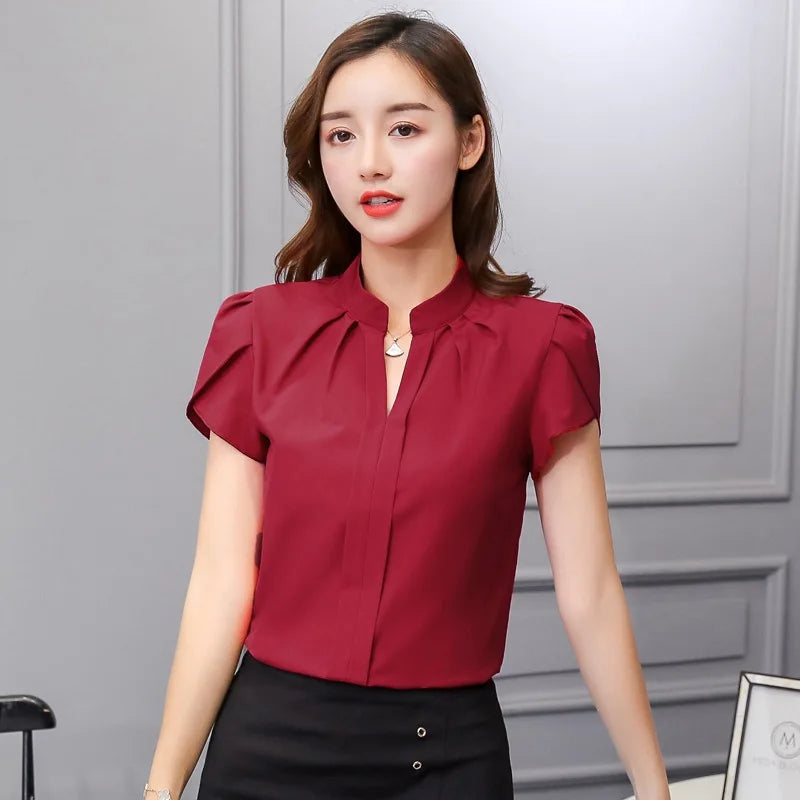 Women Office Ladies Chiffon White Shirt Short Sleeve elegant Tops Casual Clothing