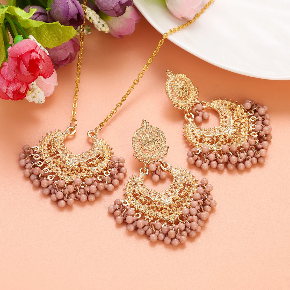 Jewelry Set for Women Retro Gold Plated Round Beads Tassel Earring Necklace Sets