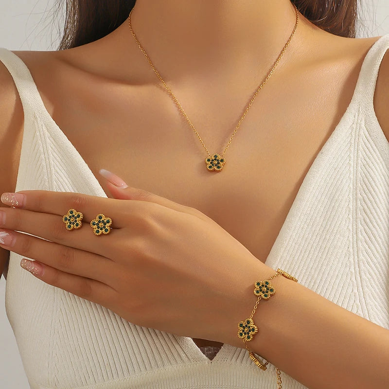 Pink Zircon Reversible Clover Necklace Bracelet Earrings Set For Women Trendy Stainless Steel Waterproof Jewelry