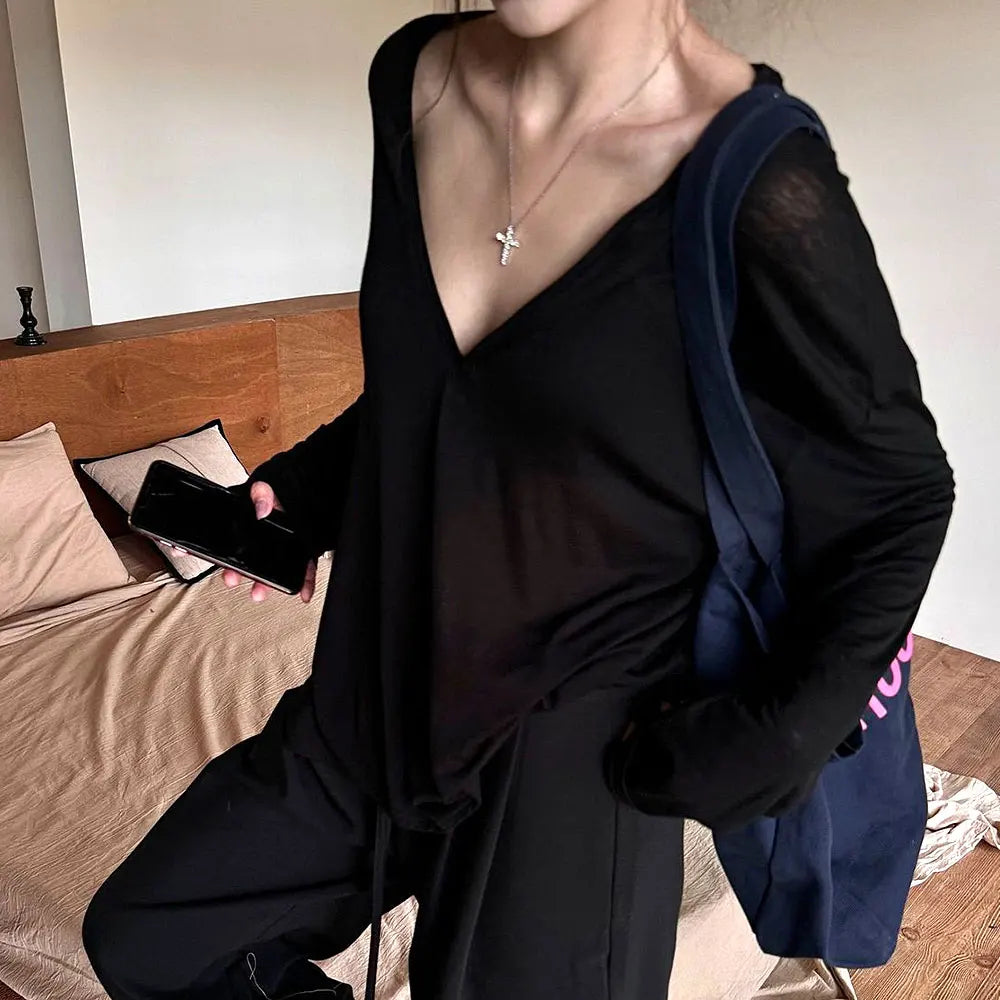 Women's V-Neck Long Sleeve T-Shirt Thin Perspective Summer Loose Fit Casual Top Korean Base Sun Protection Cover Up Top