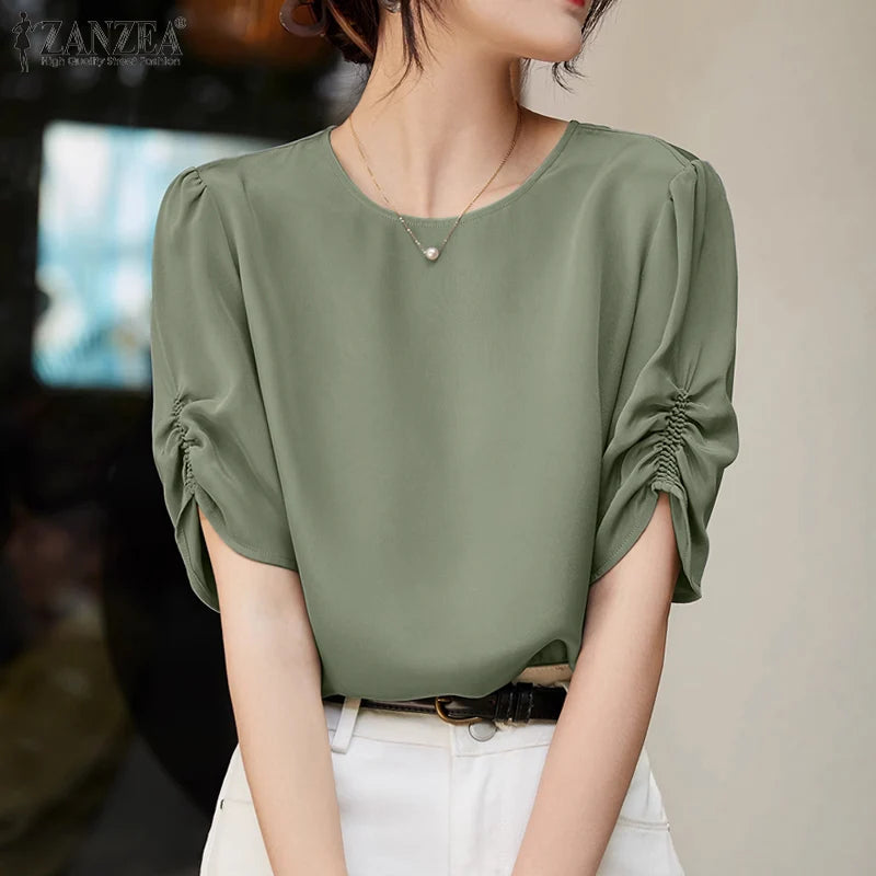 Solid Casual Office Work Tops Fashion Summer Short Sleeve Elegant Loose Blouse