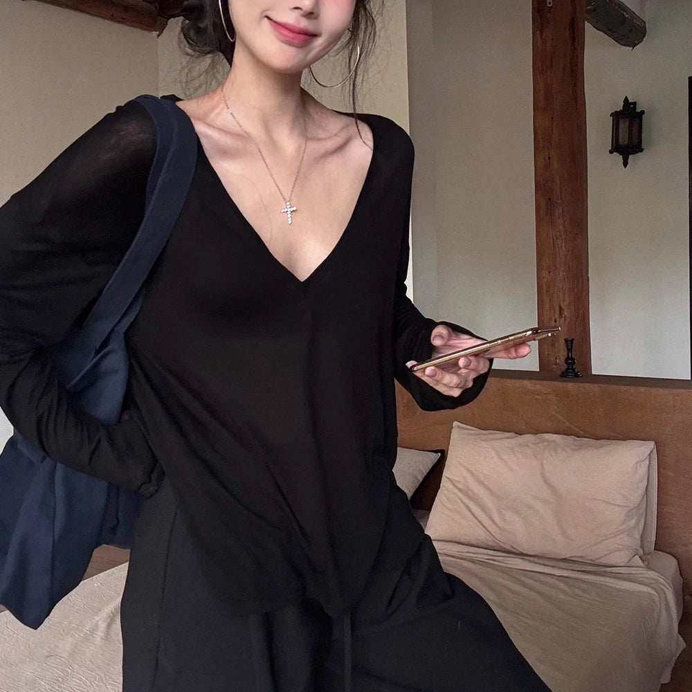 Women's V-Neck Long Sleeve T-Shirt Thin Perspective Summer Loose Fit Casual Top Korean Base Sun Protection Cover Up Top