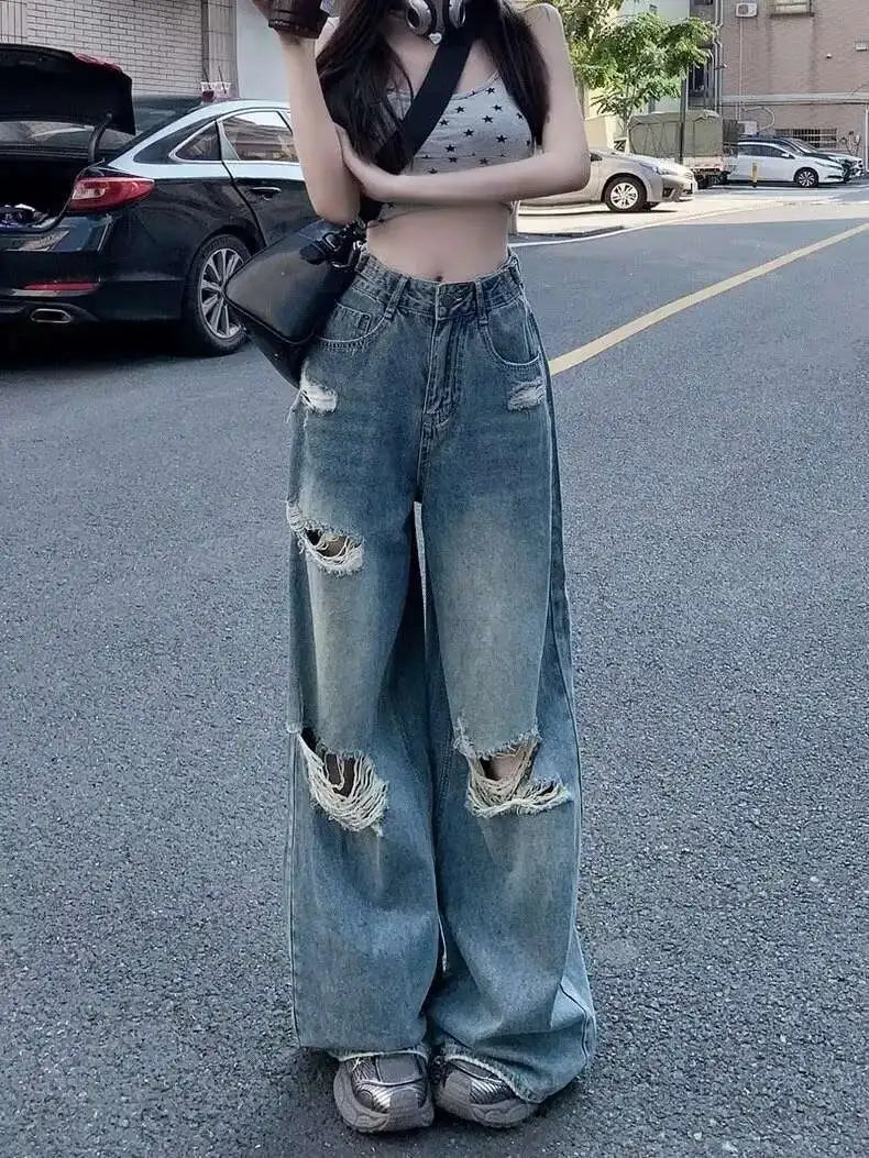 Vintage Pants, Jeans, Women's Torn Wide Leg Pants, Summer High Waist, Loose Fitting Long Pants, Women's Jeans