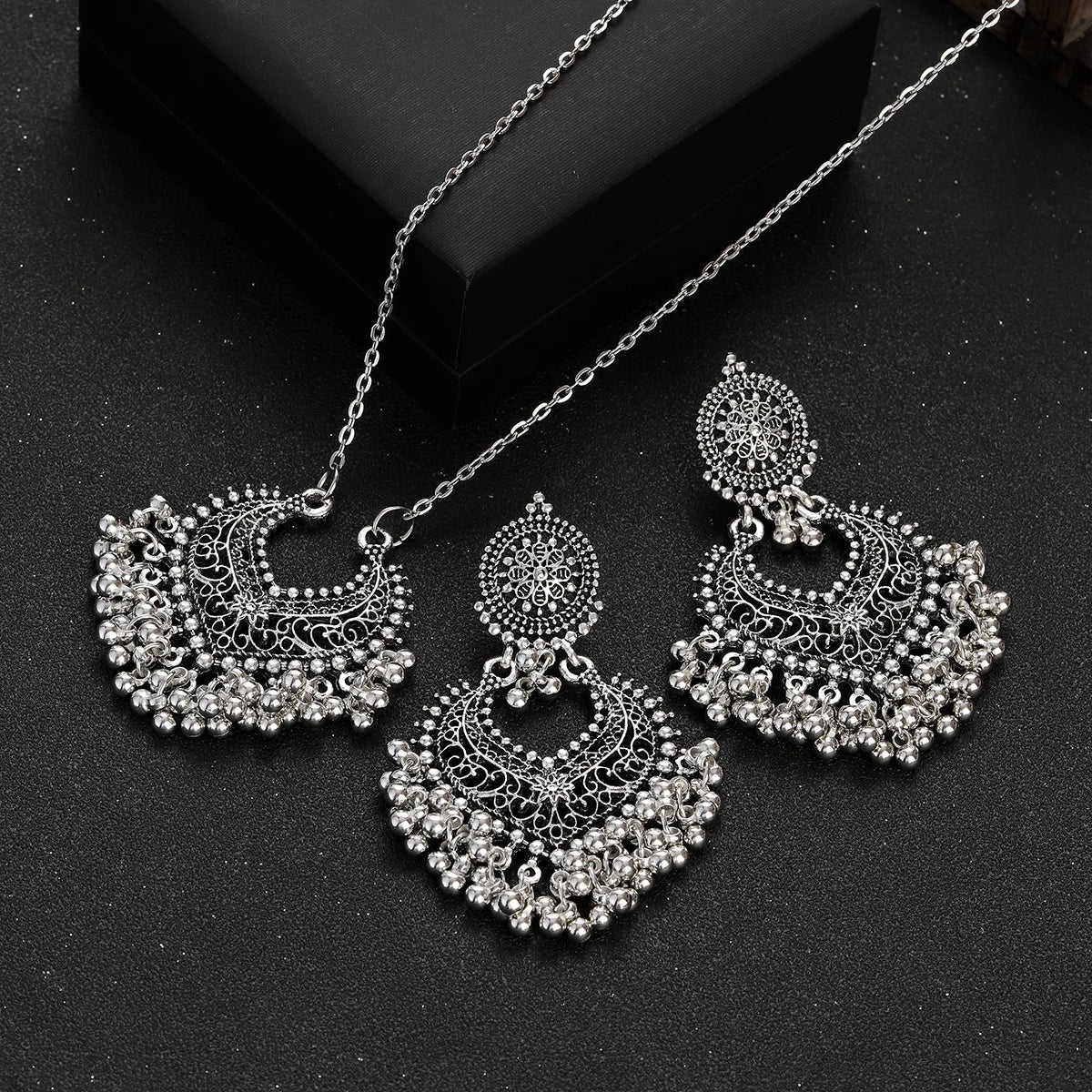 Jewelry Set for Women Retro Gold Plated Round Beads Tassel Earring Necklace Sets